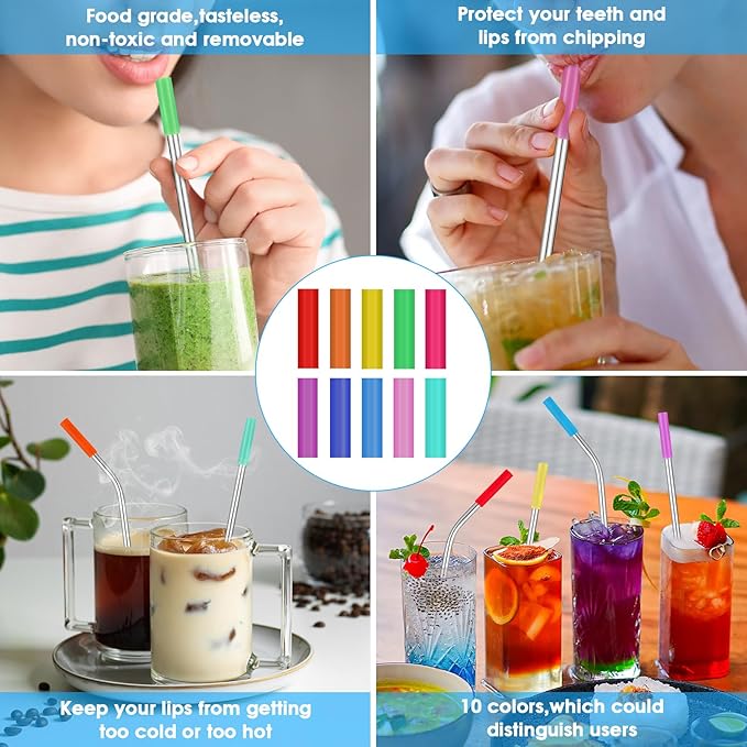 MUTNITT Set of 20 10.5" Reusable Bent Stainless Steel Straws with 20 Silicone Tips 5 Cleaning Brush 1 Travel Case Eco Friendly Extra Long Metal Straw Drinking for 20 24 30 oz Tumbler (Pack of 2)