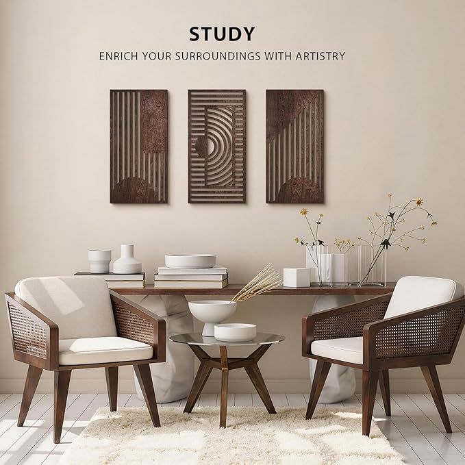VIYYIEA Boho Solid Wood Carved Wall Art Set of 3, Geometric Minimalist Wooden Home Decor Panels, Handcrafted Solid Wood Wall Hanging for Living Room Bedroom Hallway, 16 x 8 Inch Each (Geometry I)