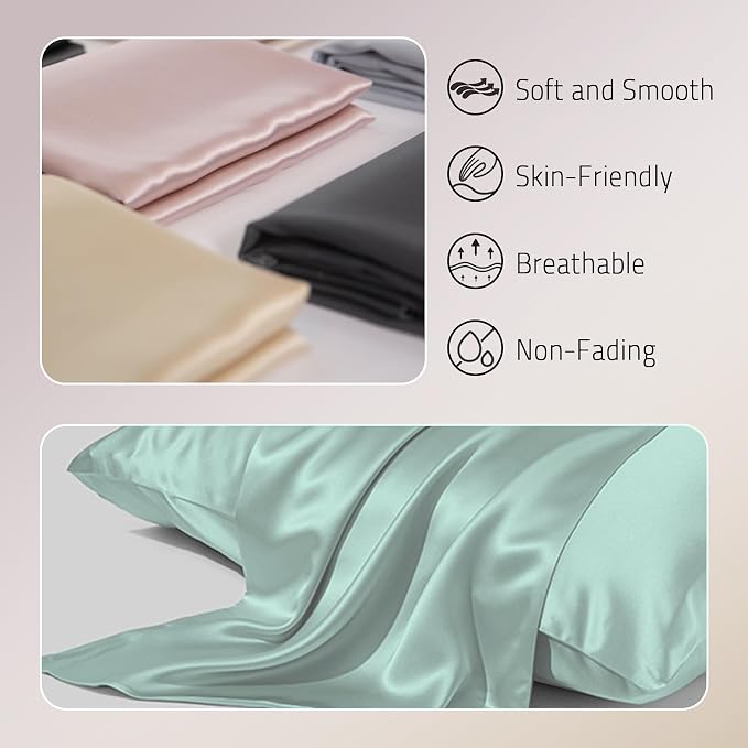 Gabire Mulberry Silk Pillowcases Set of 2, Both Sides Real Silk Pillow Covers for Hair and Skin Prevent Acne Pillowcase Organic Silk Pillowcase 2 Pack with Hidden Zipper, Sage Green, King (20"×36")