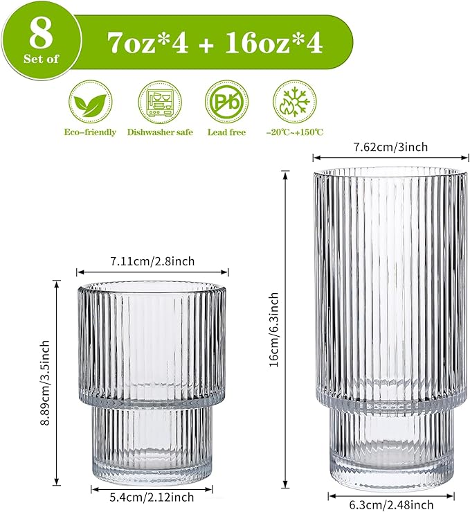 Ribbed Drinking Glasses Set of 8, Stackable Cute Kitchen Glasses Cups 16oz and 7oz Iced Coffee Glasses cocktail Glass cup for Water, Beverage, Whiskey