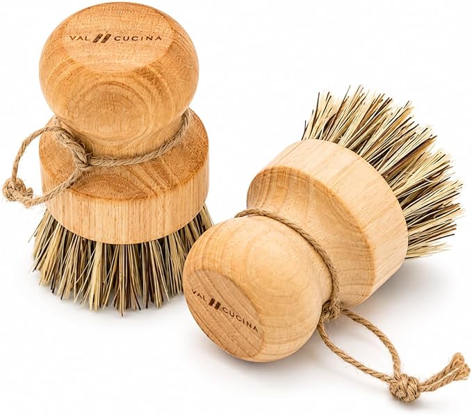 VAL CUCINA Natural Bamboo Dish Brush 2 PCS - Eco-Friendly Wooden Scrub Brush for Dishes, Pots, Pans and Cast Iron Skillet - Plant-Based Sisal & Coconut Bristles Kitchen Sink Scrubber