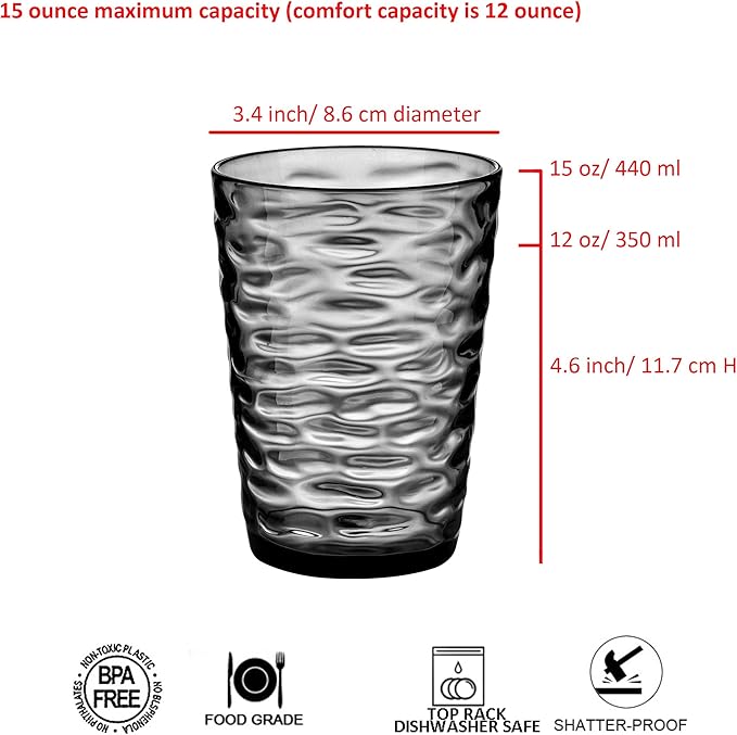 14-ounce and 20-ounce Plastic Tumblers, Acrylic Drinking Glasses, set of 8 Gray Reusable Plastic Cups, Stackable, BPA-Free, Shatter-Proof, Dishwasher-Safe