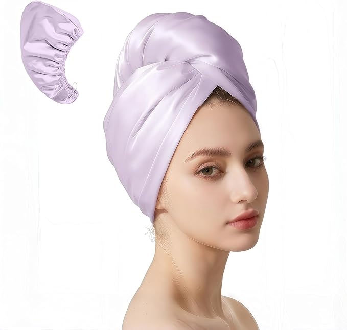 Satin Microfiber Hair Towel Wrap for Quick Drying & Anti-Frizz - Super Absorbent, Hair Turbans for Wet Hair, Ideal for Long, Short, Curly Hair (Light Purple)
