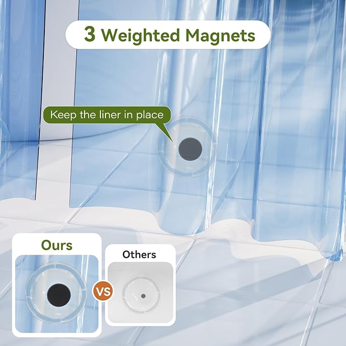 Plastic Shower Curtain Liner Pack of 2, Lightweight Clear Plastic Shower Liner PEVA 72 x 72 Waterproof Shower Curtains for Bathroom with 3 Strong Magnets and Rustproof Grommets, Clear Blue