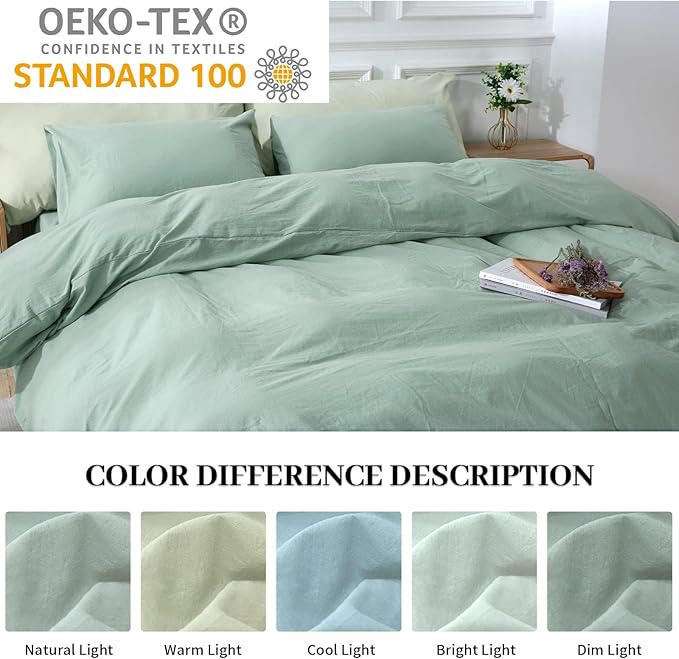 NEXHOME PRO Green Duvet Cover Set California King Linen Feel Textured Organic Natural 100% Washed Cotton Duvet Cover 3 Pieces Bedding Set with Zipper Closure, Breathable, Soft (No Comforter)