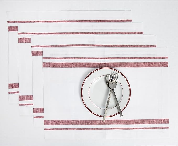 Solino Home Striped Linen Placemats Set of 4-100% Pure Linen Burgundy and White Place Mats 14 x 19 Inch - French Stripe