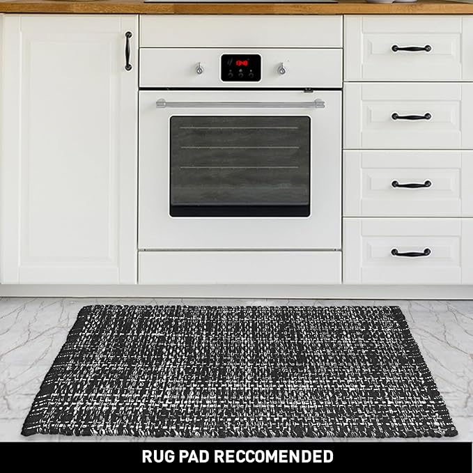 Chardin home Black and White Textured Rug | 21x34 Bathroom Rug Kitchen entryway | Reversible Handwoven Rug Machine Washable.