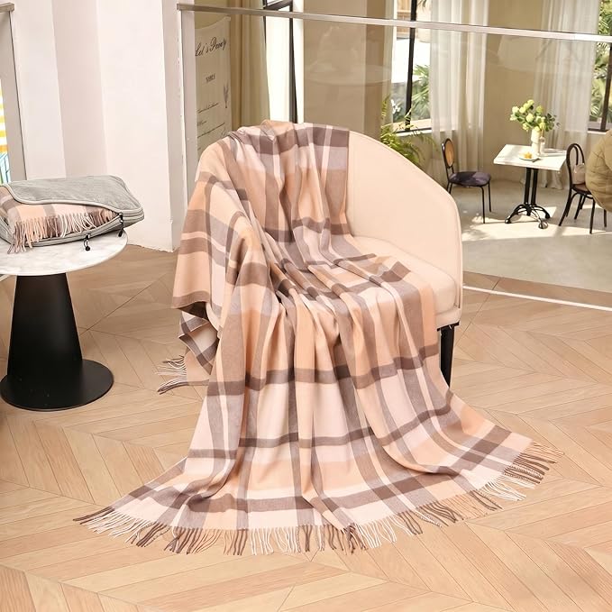 100% Wool Blanket Throw,Beige Plaid Wool Blanket with Compact Bag,Rustic Soft Lightweight Blanket for Couch,Sofa,Bed & Lounging Decoration, Warm Travel Blanket for Home, Airplane,Ideal Gifts 55"x83"