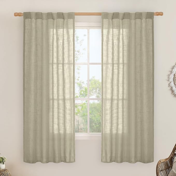 LAMIT Oatmeal Semi Sheer Window Linen Curtains 63 Inch Length, Light Filtering Panels Back Tab and Rod Pocket Country Decor Drapes for Bedroom/Living Room, 2 Panels, 34 x 63 Inch