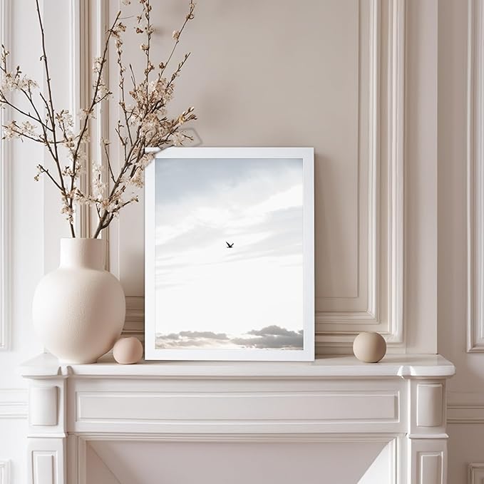 Monem Art Minimalist Bird in Sky Photography Print - Moody Nordic Landscape Art Poster - Wall Decor for Living Room, Bedroom or Office - 8x10 White Framed Wall Art by Mareike Bohmer