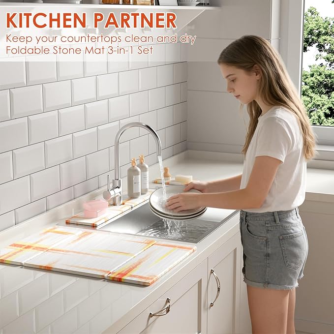 3 PCS Large Stone Dish Drying Mat for Kitchen Counter -24"x16" Absorbent Diatomaceous Earth Mat with Stone Faucet Mat & Soap Tray - Quick Dry, Collapsible, Non-Slip Countertop Organizer