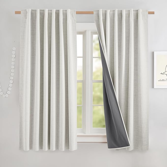 NICETOWN 100% Blackout Cafe Curtains 48 inches Long 2 Panels, Linen Blend Thermal Insulated Curtains with Liners for Kitchen, Privacy Window Draperies for Basement, Alabaster Gray, W52 per Panel