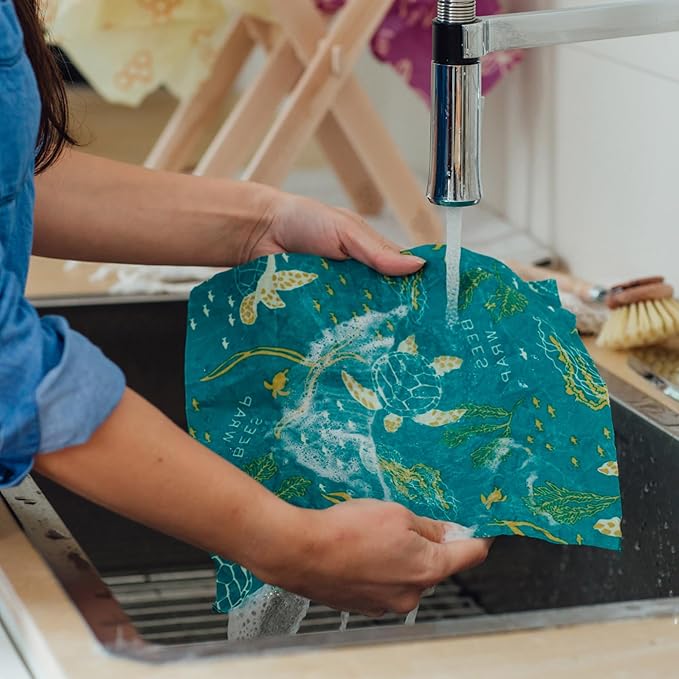 Bee's Wrap Beeswax Wraps for Food - 3 Pack of Assorted Beeswax Wraps - 2 Medium & Sandwich Wrap - Plastic Free Made in USA Reusable Natural Food Wrap - Ocean