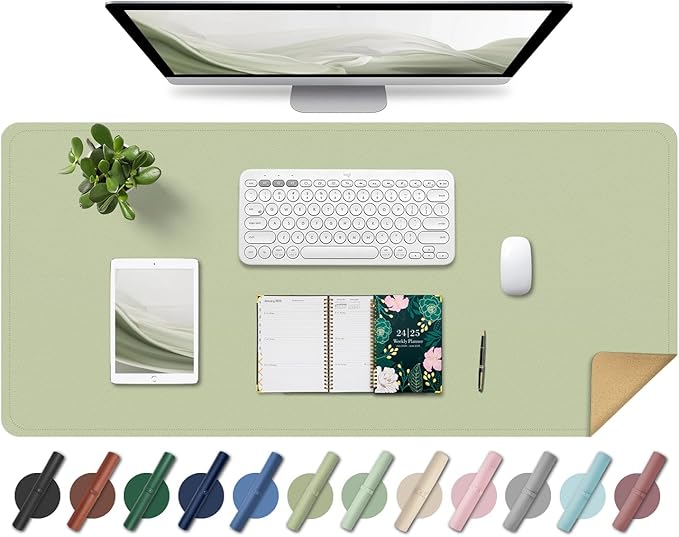 Non Slip Desk Mat, 31.5" x 15.7" PU Leather Desk Pad, Cork Desk Mat for Desktop, Desk Pad for Keyboard and Mouse, Ideal for Office and Home, Matcha