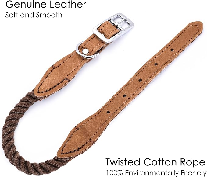 Mile High Life Genuine Leather Dog Collar, Durable Braided Cotton Rope Collar with Metal Pin Buckle for Small Medium Large Dogs (Dark Brown, S Neck 11"-15")