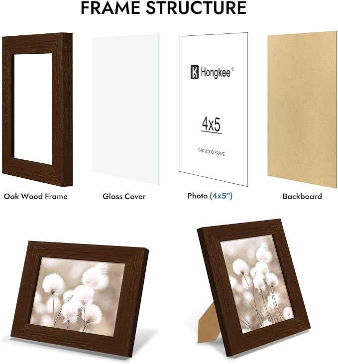 Hongkee 4x5 Oak Wood Picture Frame (1 Pack, Walnut) with Real Glass Cover | Solid Wood 4 x 5 Small Frame for Wall or Tabletop Display - Includes Easel Back, Vertical Hang - Ideal for Home, Office