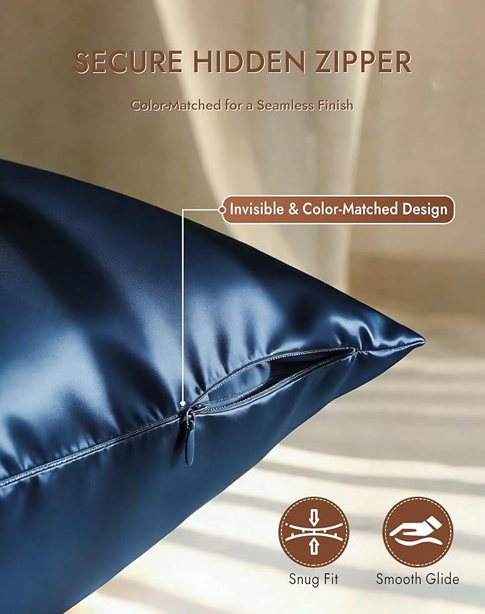SilkSilky 100% Mulberry Silk Pillowcase - Pure 22 Momme High-Grade 6A Fibers for Hair & Skin, Hidden Zipper, Natural, Organic, Breathable & Cooling Pillow Case (Queen 20''x30'', DarkBlue)