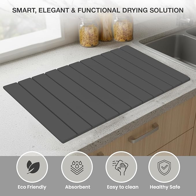 Large Stone Drying Mat for Kitchen Counter | 24"x16" | Fast Drying Collapsible Diatomaceous-Earth Mat | Super Absorbent Folding Mat for Dishes, Bottles, Glass, Heat-Resistant, Non-Slip (Dark Gray)