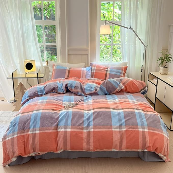FACE TWO FACE Bedding Duvet Cover Set100% Washed Cotton Duvet Cover Linen Like Textured Breathable Durable Soft Comfy (Full, Time Blue)