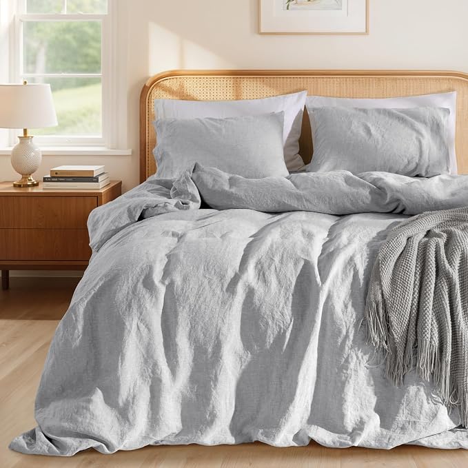 LBRO2M 100% France Linen Duvet Cover Set 3 Pcs Including 1 Flax Comforter Cover with Zipper Closure, 2 Pillowcase, Cozy Duvet Cover Full Size, Gray