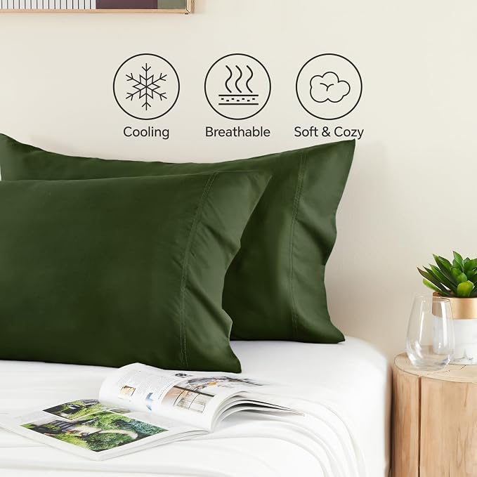BEDELITE Olive Green Pillow Cases Queen Size Set of 2, Rayon Derived from Bamboo，Cooling Pillow Cases for Hot Sleepers & Night Sweats, Breathable and Silky Soft Envelope Pillowcases, 20"x30"