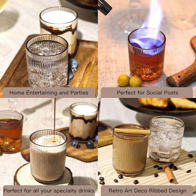 Smokey Gray Ribbed Highball Glasses Set of 6, 8.5oz Vintage Highball Tumblers,Colored Drinking Glasses for Water,Juice,Coffee,Cocktails,Gray Glassware,Housewarming & Party Gift