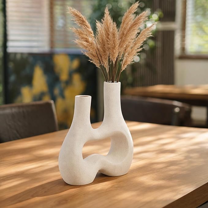 Modern Double Neck Hollow Vase, Minimalist Nordic Resin Sculpture for Home Decor, Boho Wabi-Sabi Vase for Living Room Bedroom Office Table Centerpiece (Ivory)