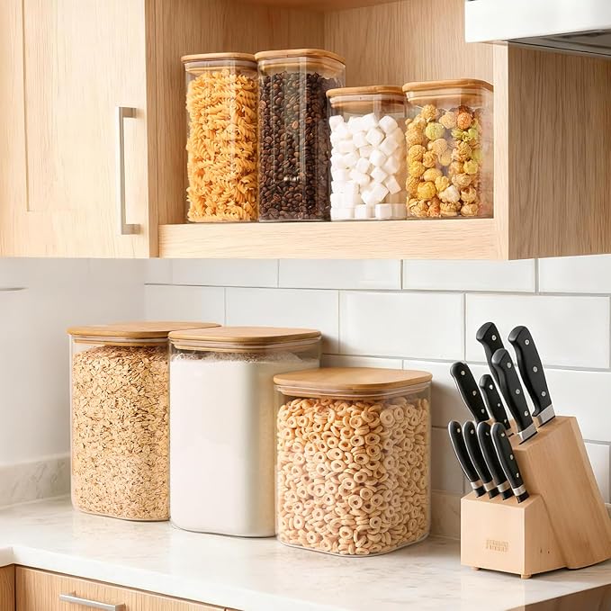 Glass Flour Sugar Storage Containers with Bamboo Lids & Measuring Scoop (1.6Qt/4.6Qt) - Wide Mouth Pantry Storage Containers for Kitchen Counter, Pantry Organization & Baking Essentials 2 pack