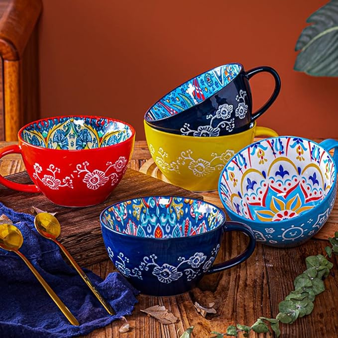 Yellow Ceramic Mug, Bohemian Hand-Painted, 15 Oz Large Coffee Cup for Milk, Tea, Breakfast, Dishwasher & Microwave Safe Cup