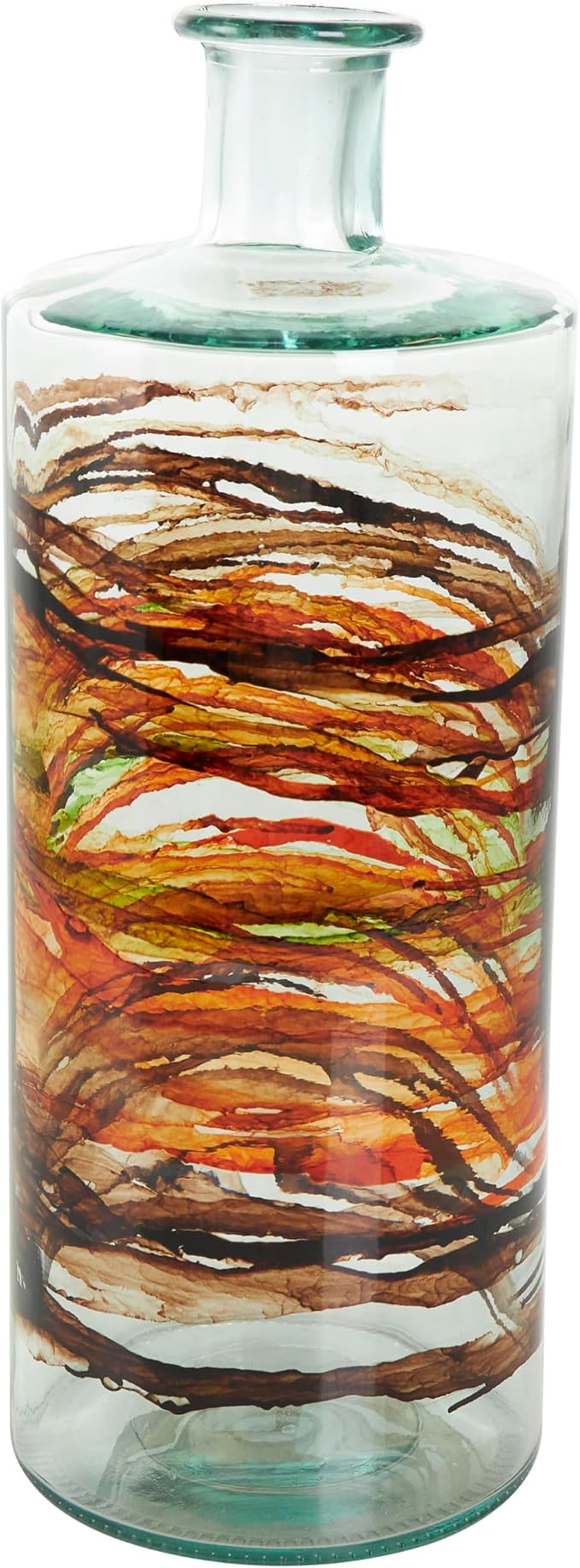 Deco 79 Recycled Glass Decorative Vase Abstract Spanish Bottle Centerpiece Vase with Swirled Colored Glass Bands, Flower Vase for Home Decoration 6" x 6" x 16", Clear