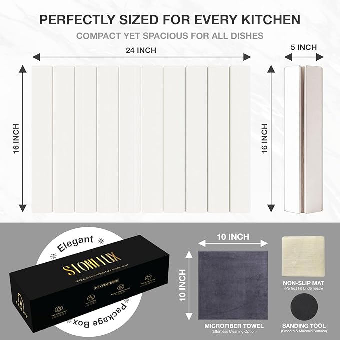 Large Stone Drying Mat for Kitchen Counter | 24"x16" | Fast Drying Collapsible Diatomaceous-Earth Mat | Super Absorbent Folding Mat for Dishes, Bottles, Glass, Heat-Resistant, Non-Slip (White)