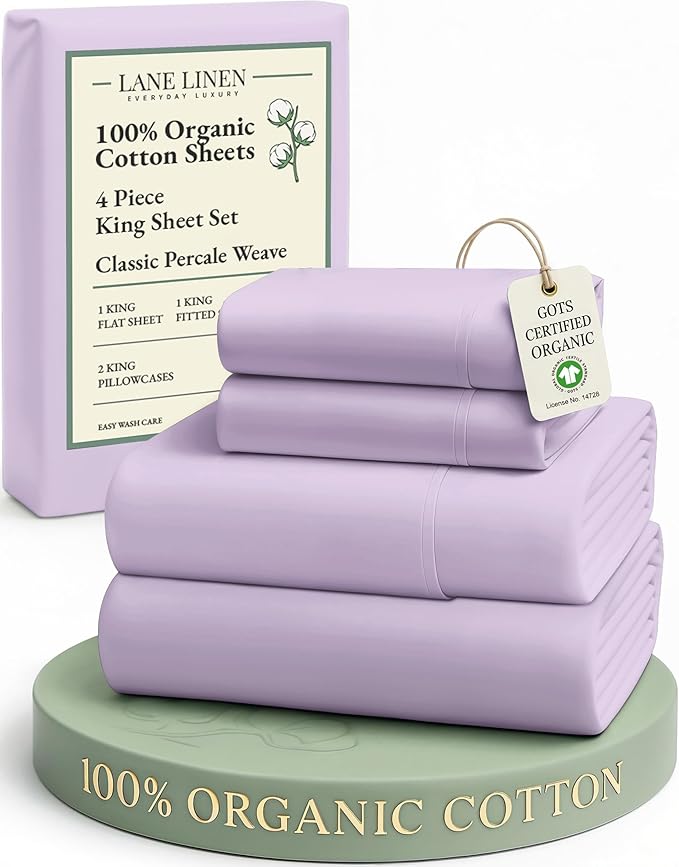 LANE LINEN 100% Organic Cotton Fully Elasticized King Sheet Set, Low Pilling Fade Resistant Machine Washable Naturally Cooling King Bedding Set, Soft & Comfy Cotton Sheets - Orchid Petal