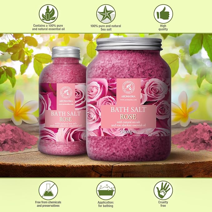 Rose Bath Salts 46 Oz – Natural Rosewood Oil & Rose Extract – Bath Additive for Spa and Skin Care