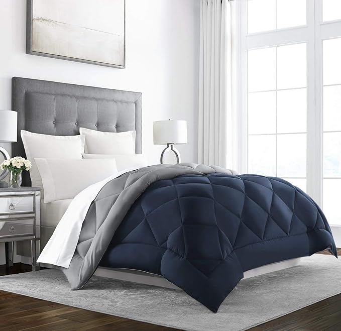 Twin/Queen/King Down Alternative Comforter, 2100 Series All-Season Duvet Insert with Corner Tabs, Box-Stitch, Soft Microfiber, Machine Washable (Queen, Navy/Gray)