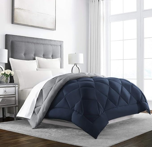 Twin/Queen/King Down Alternative Comforter, 2100 Series All-Season Duvet Insert with Corner Tabs, Box-Stitch, Soft Microfiber, Machine Washable (Queen, Navy/Gray)