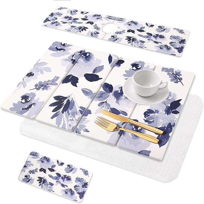 3 PCS Stone Dish Drying Mat for Kitchen Counter, Quick Dry Foldable Stone Dishes Mats, Water Absorbing Diatomaceous Earth Drying Organizer for Dishes Bottles, Cups and Tableware (Blue)