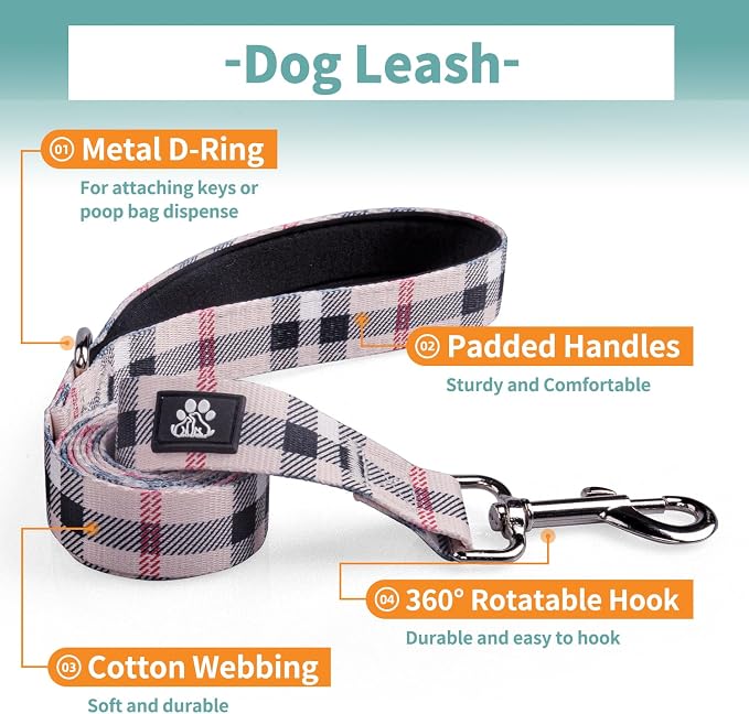 IVY&LANE Dog Collar with Bowtie and Leash Set | Plaid Adjustable Dog Collar | Detachable Bow Tie |5 FT Dog Leash | for Small Medium Large Dogs | Checkered Beige | Small