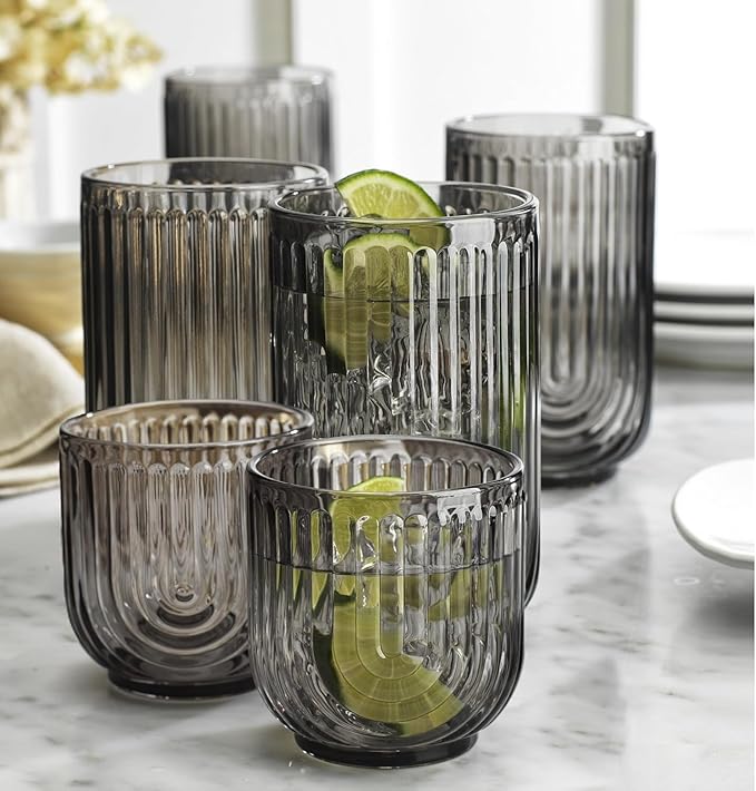 16 Piece Smoke Glassware Set, Beautiful Art Deco Black Drinking Glasses, Ribbed U-Shape Design, 8 Highball 17oz and 8 Whiskey 11oz DOF Handwash Only