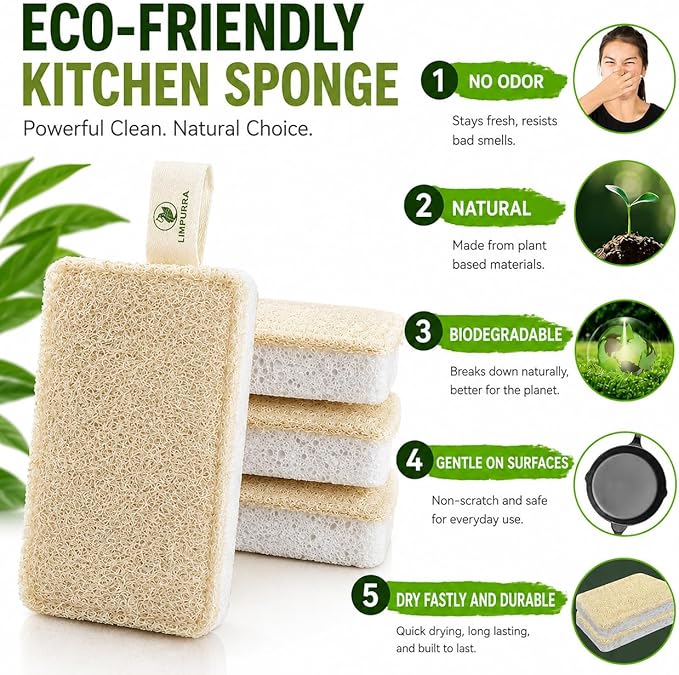 Natural Loofah Biodegradable Sponges Plant Based Kitchen Cleaning Supplies Plastic Free Luffa Sponges Dish Scrubber Cellulose Sponges Household Cleaning Tools Zero Plastic Products