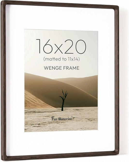 Fun Memories 16 x 20 Picture Frame, Natural Wenge Wood Photo Frames with HD Tempered Glass, Handcrafted Rounded Corner 16x20 Wooden Frames Matted to 11x14 Photos, Horizontal or Vertical Wall Display