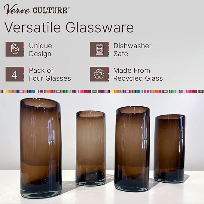Verve CULTURE Mexican Hand Blown Highball Glasses, Unique Handmade Glassware, Drinking Glass Cups for Cocktails, Juice, Mixed Drinks, Elegant Tabletop Drinkware, Set of 4 (Tamarind, 16 oz)
