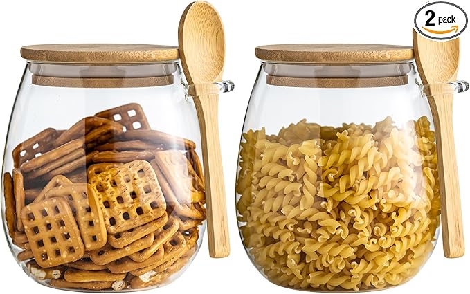 Airtight Glass Food Storage Jars with Bamboo Lid and Spoon - Wide Mouth Leak Proof Kitchen Canisters for Coffee Beans,Tea Leaves,Cereal,Flour,Nuts,and Pantry Organization (26oz 2PCS)