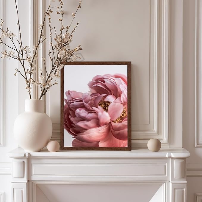 Monem Art Blush Pink Peony Print - Minimalist Floral Photography Poster - Wall Decor for Living Room, Bedroom or Office - 8x10 Brown Framed Wall Art by Mareike Bohmer