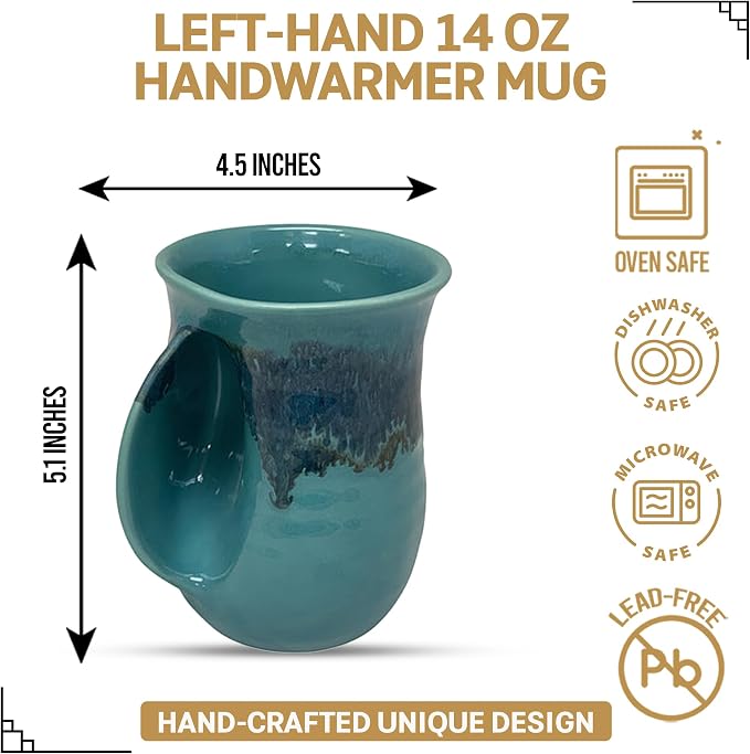 Clay in Motion Hand Warmer Coffee Mug – Handmade Coffee Mug With Comfortable Handle Contoured Pocket Hand Warming Ceramic Coffee Mug – Proudly Made in USA – Left Handed – 14 Oz - Raging Rapid