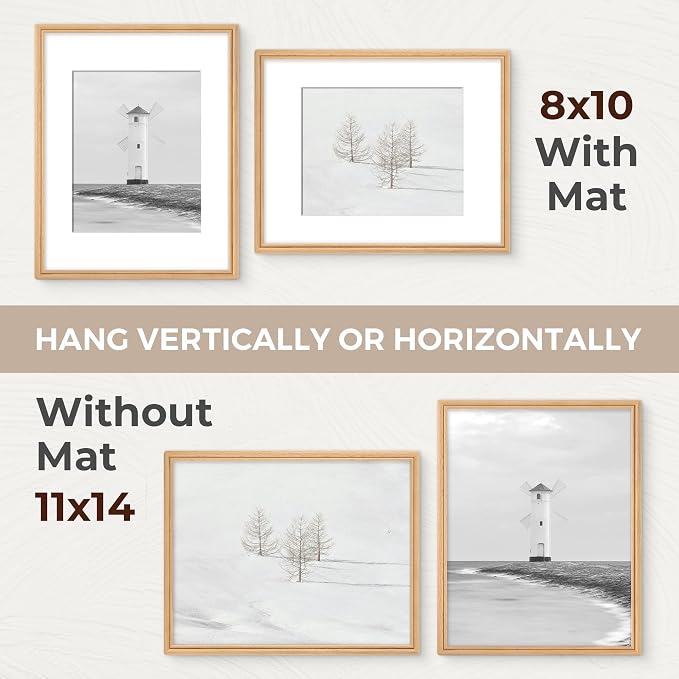 11x14 Picture Frame with Mat for 8x10, USA-Sourced Natural Beech Wood Handcrafted Rounded Corner with HD Tempered Glass, 11 x 14 Photo Frames Gallery Wall & Tabletop, Vertical or Horizontal Display
