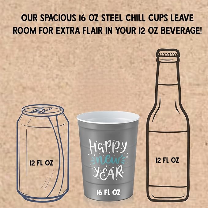 Steel Chill Cups 16 oz. Party Cups 'Happy New Year' Champagne Design for Cold Drinks, Durable, Disposable, Recyclable, Made in USA, Gray, 12 Count