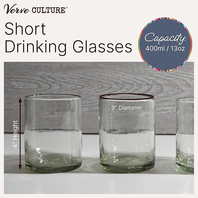 Verve CULTURE Mexican Highball Drinking Glasses, Unique Handblown Glassware, Glass Cups for Cocktails, Juice, Mixed Drinks, Elegant Tabletop Drinkware, Set of 4 (Clear, 13 oz)