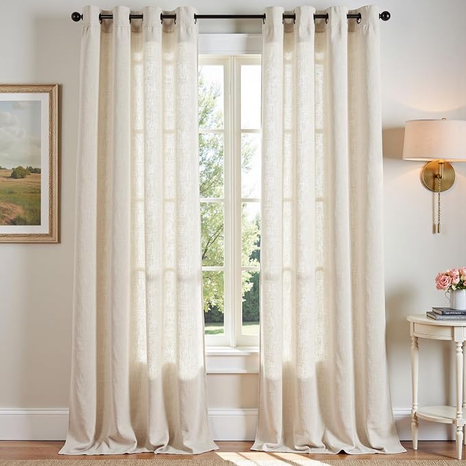 JINCHAN Linen Curtains for Living Room Beige Grommet Top Window Treatment Set for Bedroom 2 Panels 96 inches Long Crude