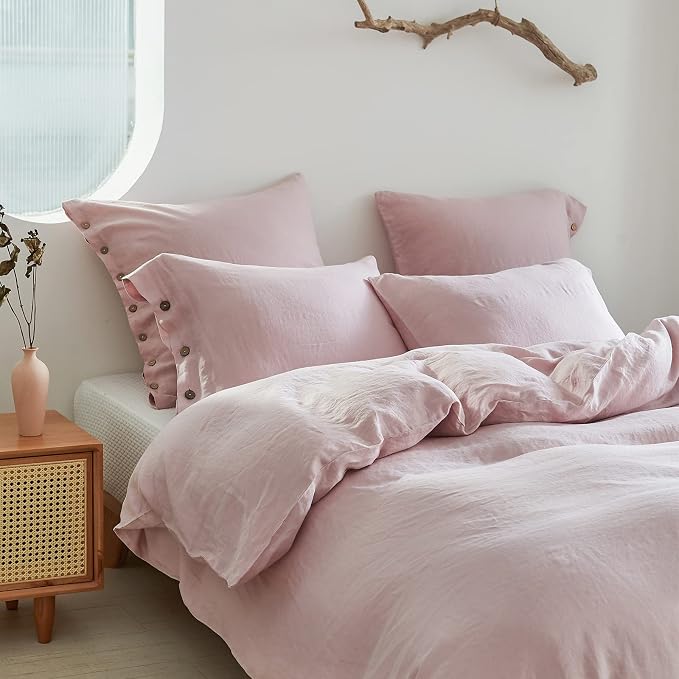 Simple&Opulence 100% Linen Duvet Cover Set 3pcs with Coconut Button Closure Natural French Washed Flax Solid Color Soft Breathable Farmhouse Bedding - Blush Pink, King Size