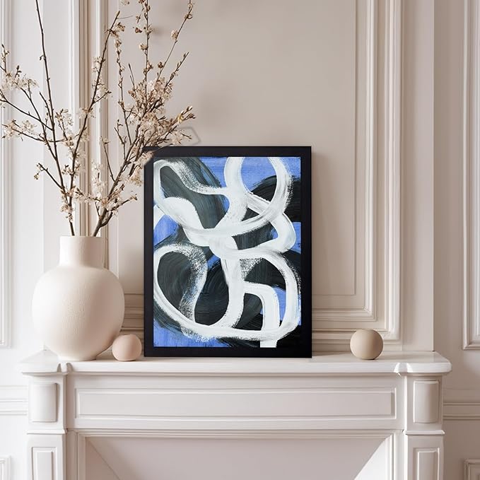 Monem Art Bold Blue Brushstroke Abstract Print - Modern Textured Line Art Poster - Wall Decor for Living Room, Bedroom or Office - 12x16 Black Framed Wall Art by Mareike Bohmer